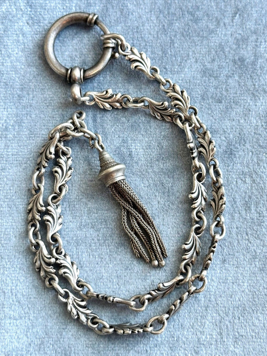 antique Victorian watch chain neclace - sterling silver and gold filled pedant necklace with tassel charm