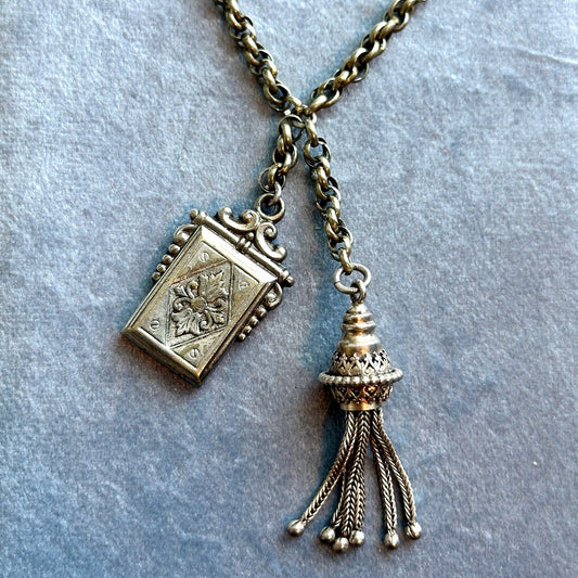 antique watch chain necklace - sterling silver tassel and fob charm necklace