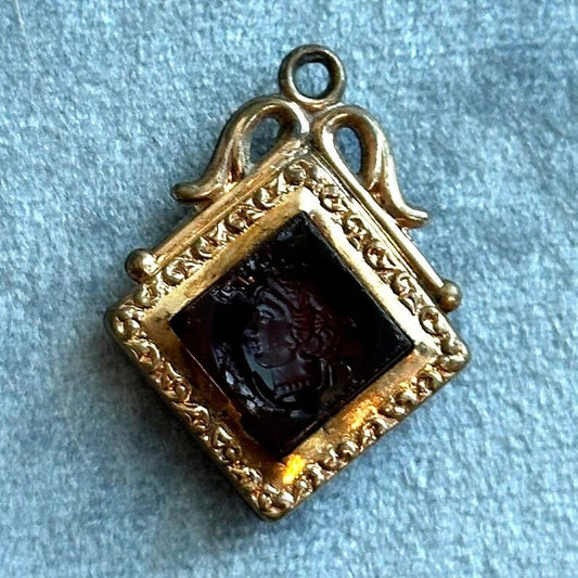 antique Victorian intaglio fob charm - hand engraved 10k gold filled