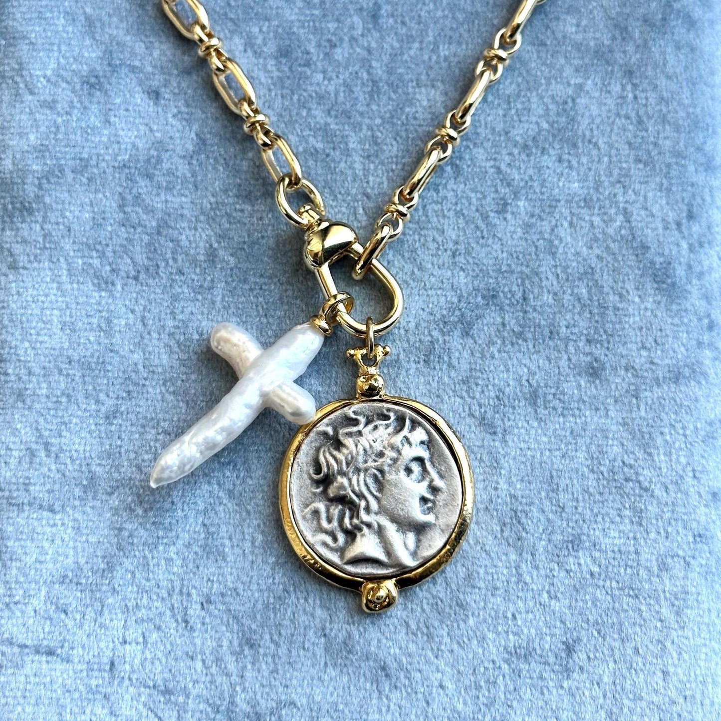 Protector vintage style charm necklace - handmade 14k gold filled sterling silver pearl cross