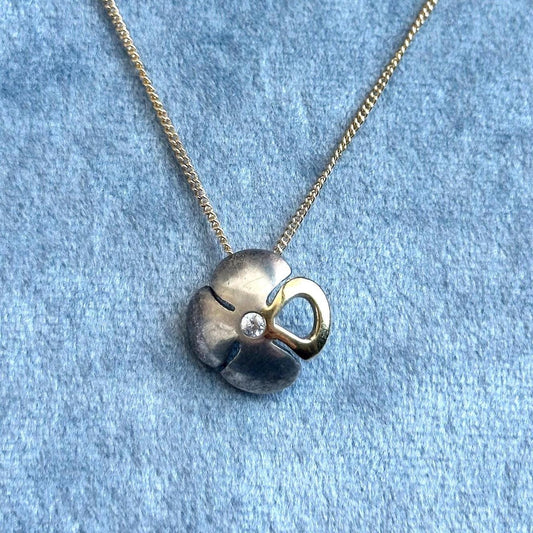 mixed metal vintage pendant necklace - gold filled and sterling silver flower charm