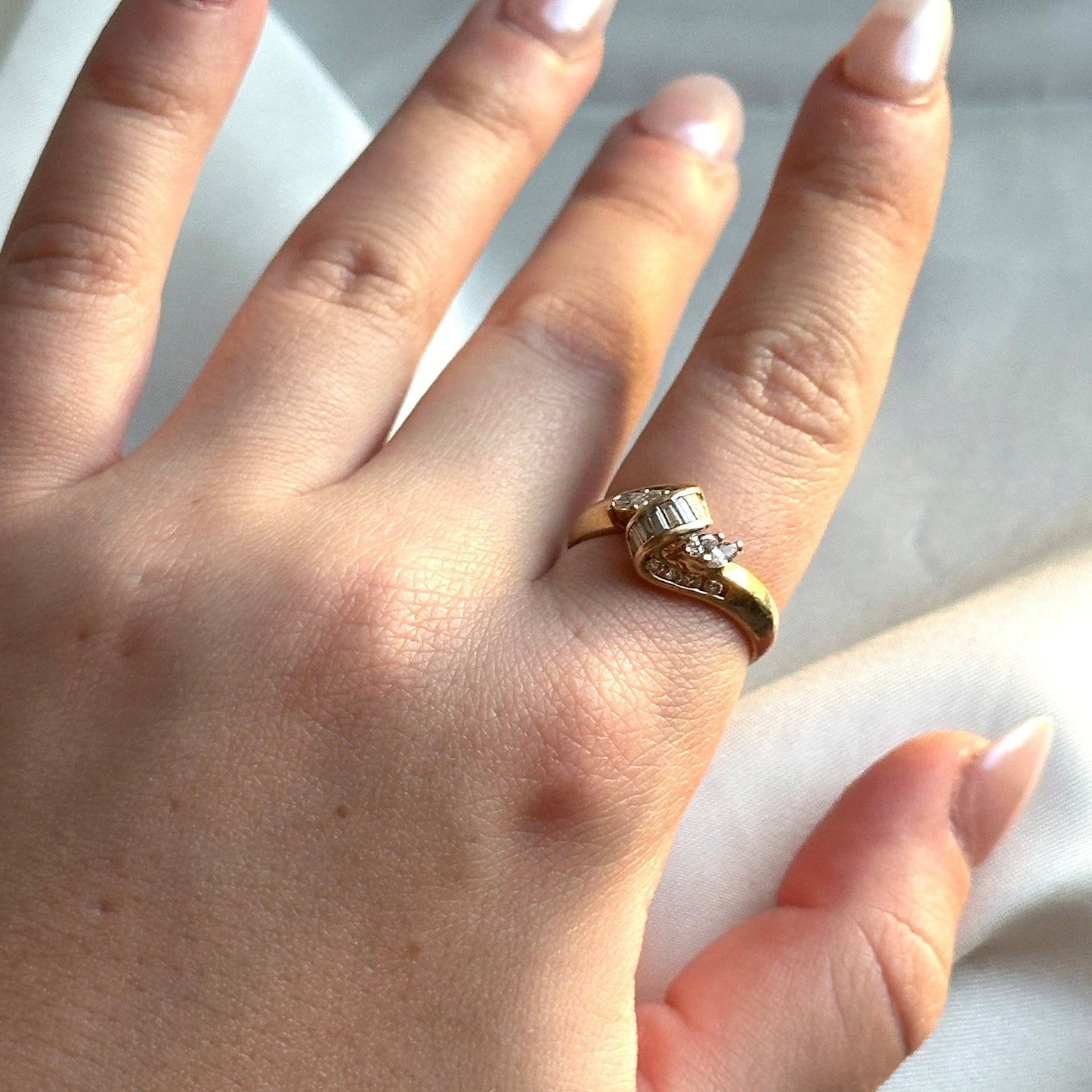 vintage diamond ribbon statement ring - 14k solid yellow gold natural diamond ring circa 1970s