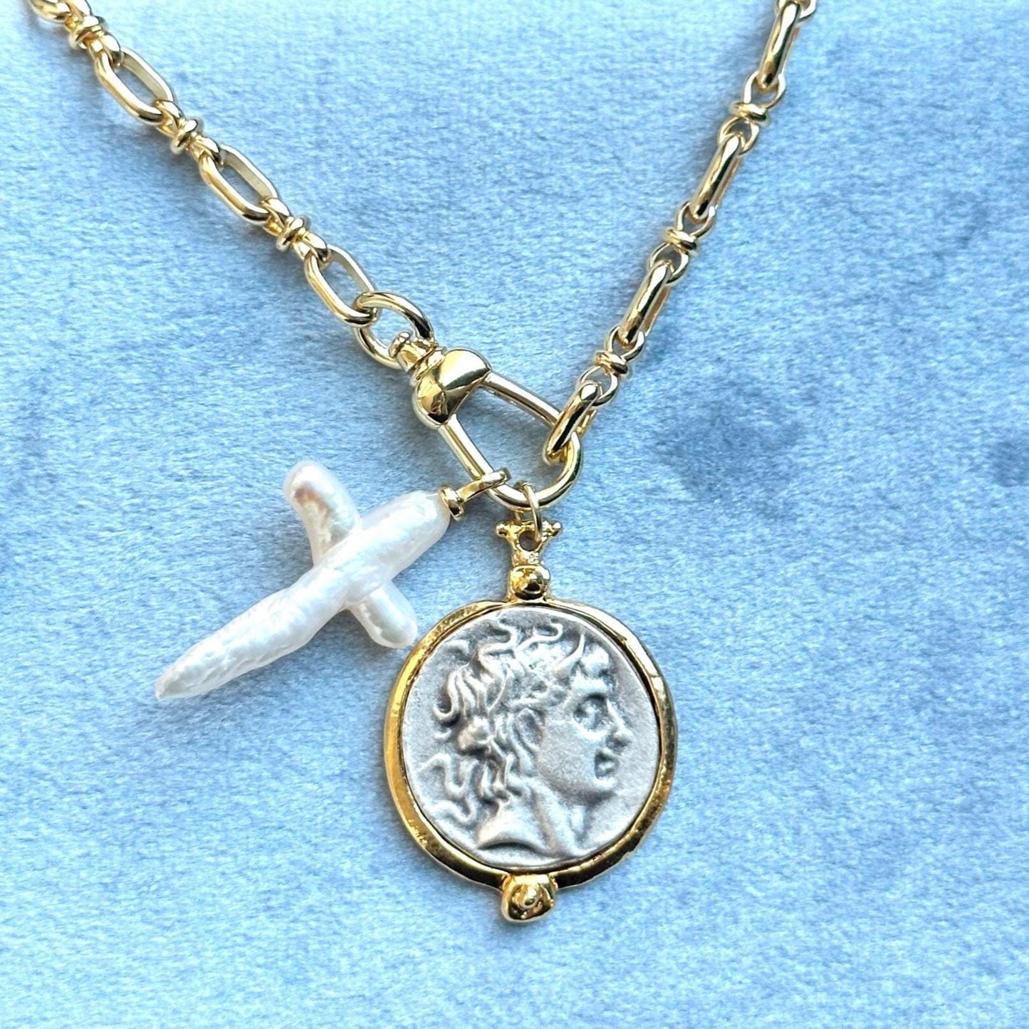 Protector vintage style charm necklace - handmade 14k gold filled sterling silver pearl cross