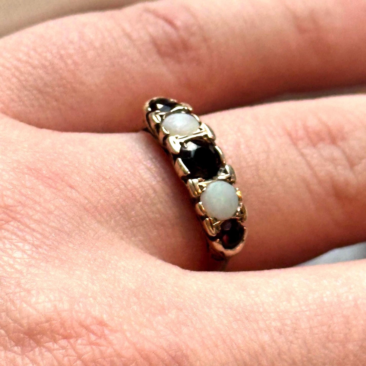 Vintage 9k garnet and opal half eternity band - Victorian revival band