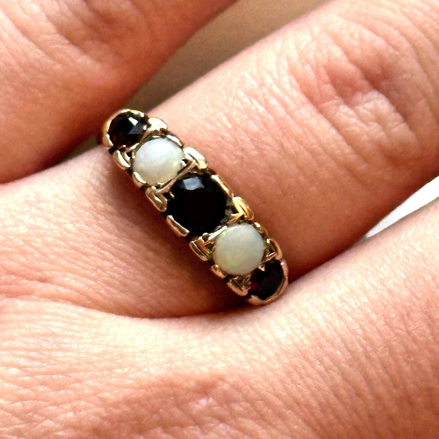 Vintage 9k garnet and opal half eternity band - Victorian revival band