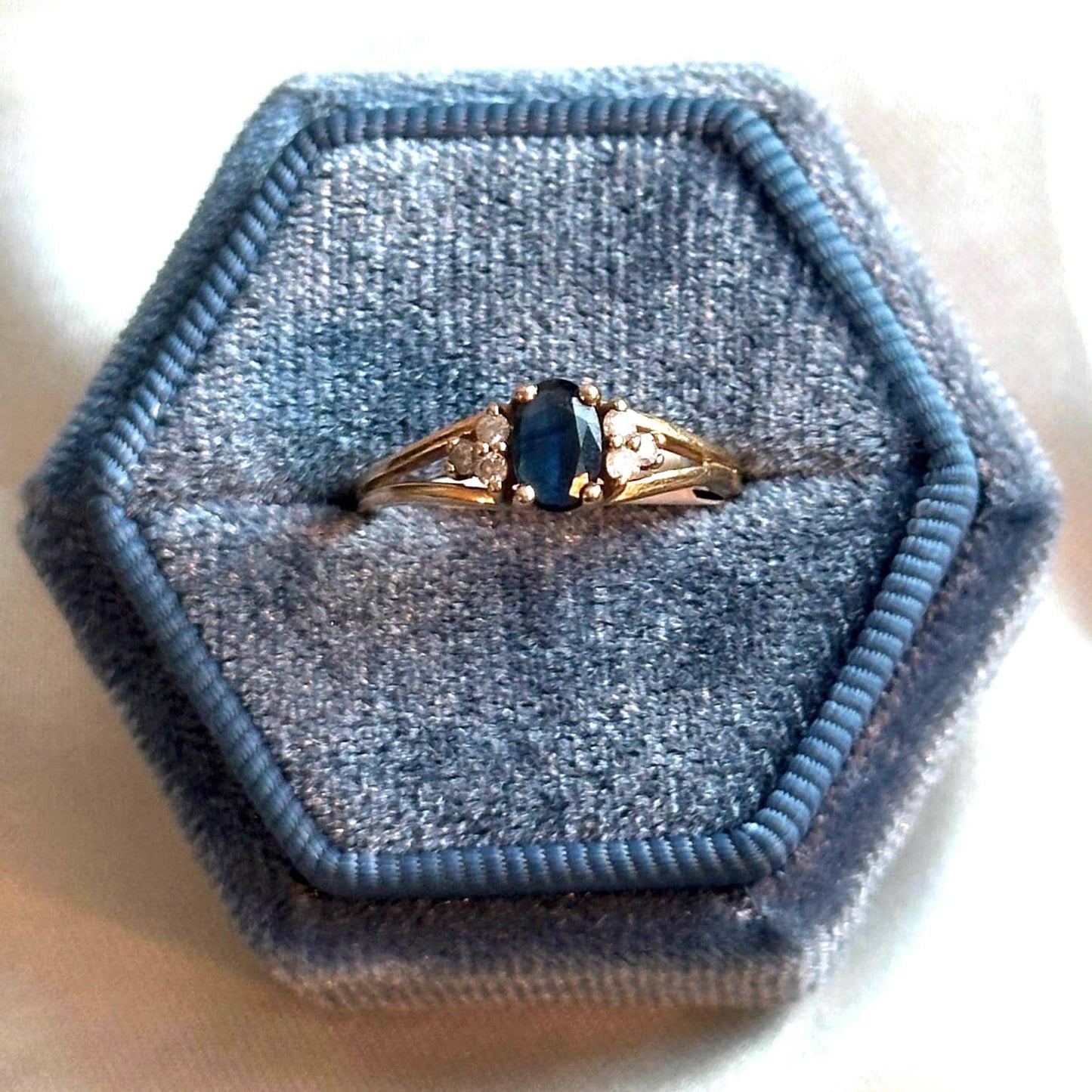 Vintage 14k sapphire and diamond ring - oval cut sapphire brilliant cut diamond band