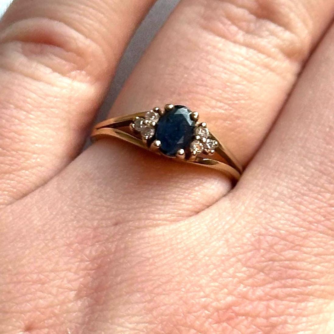 Vintage 14k sapphire and diamond ring - oval cut sapphire brilliant cut diamond band