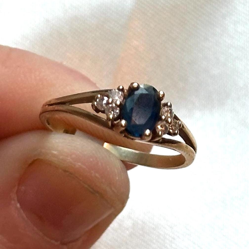 Vintage 14k sapphire and diamond ring - oval cut sapphire brilliant cut diamond band