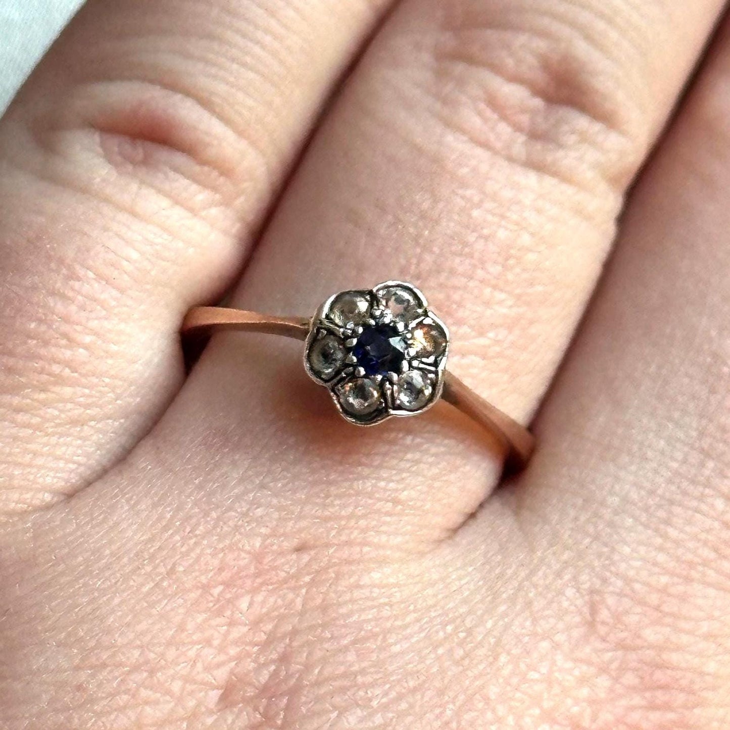 Antique Sapphire & Diamond Ring 18k 18ct Solid Gold 750 Dainty Cluster Flower Halo Gemstone Estate Rose Genuine Vintage Jewelry Jewellery