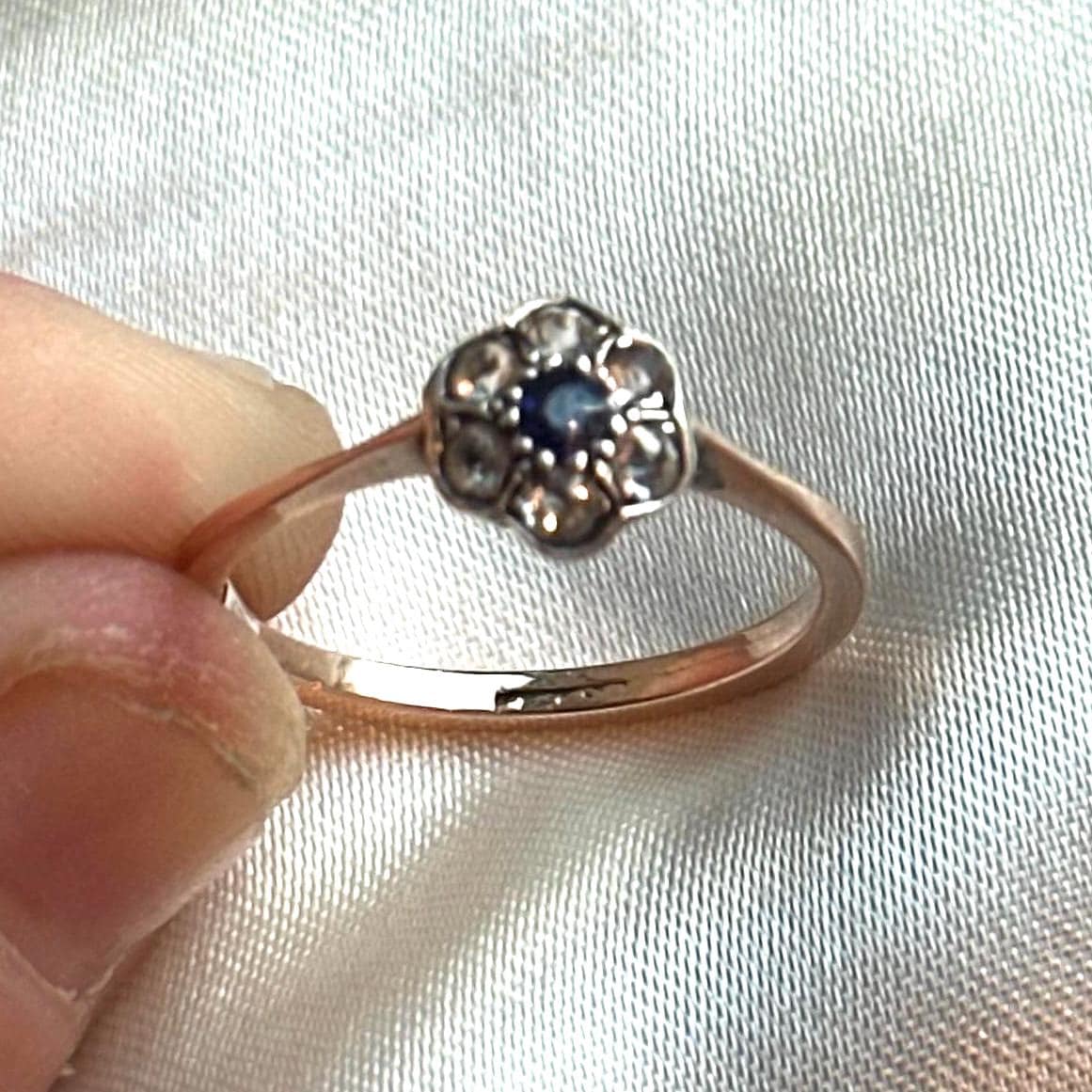 Antique Sapphire & Diamond Ring 18k 18ct Solid Gold 750 Dainty Cluster Flower Halo Gemstone Estate Rose Genuine Vintage Jewelry Jewellery