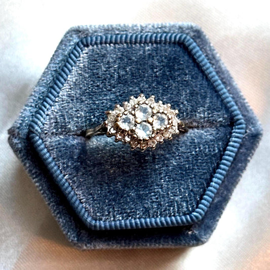 Vintage 9ct Gold Blue Topaz Ring Diamond Cluster 9k Solid 375 1980's Sparkly Womens Jewelry Retro Ladies Jewellery US7.75 Gift