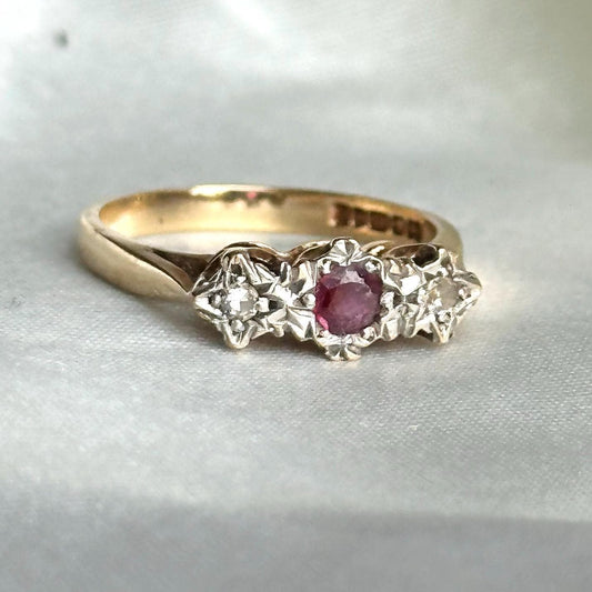 9ct Yellow Gold, Ruby & Diamond Dress Ring Vintage 1977 Birmingham