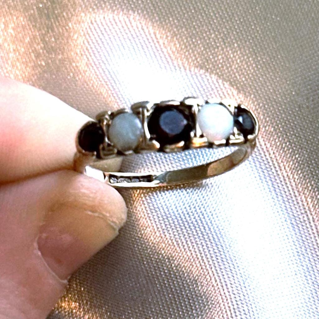 Vintage 9k garnet and opal half eternity band - Victorian revival band