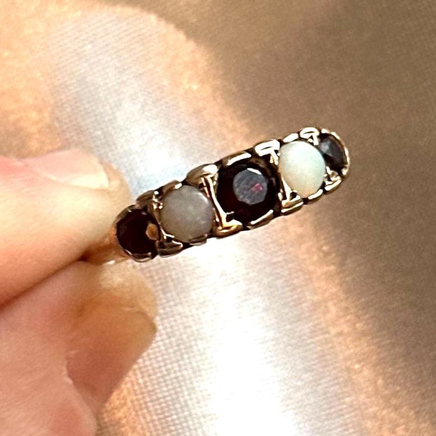 Vintage 9k garnet and opal half eternity band - Victorian revival band