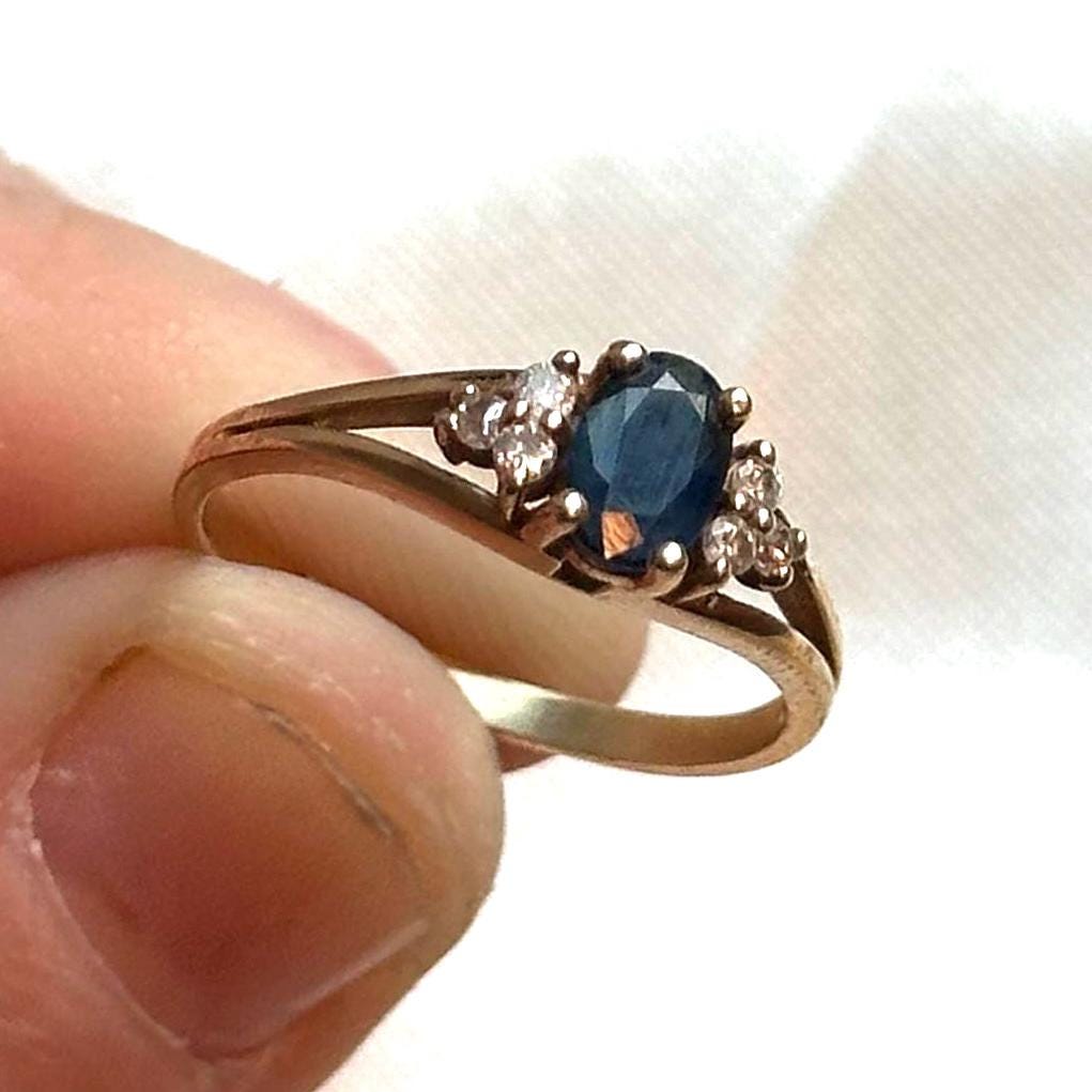 Vintage 14k sapphire and diamond ring - oval cut sapphire brilliant cut diamond band