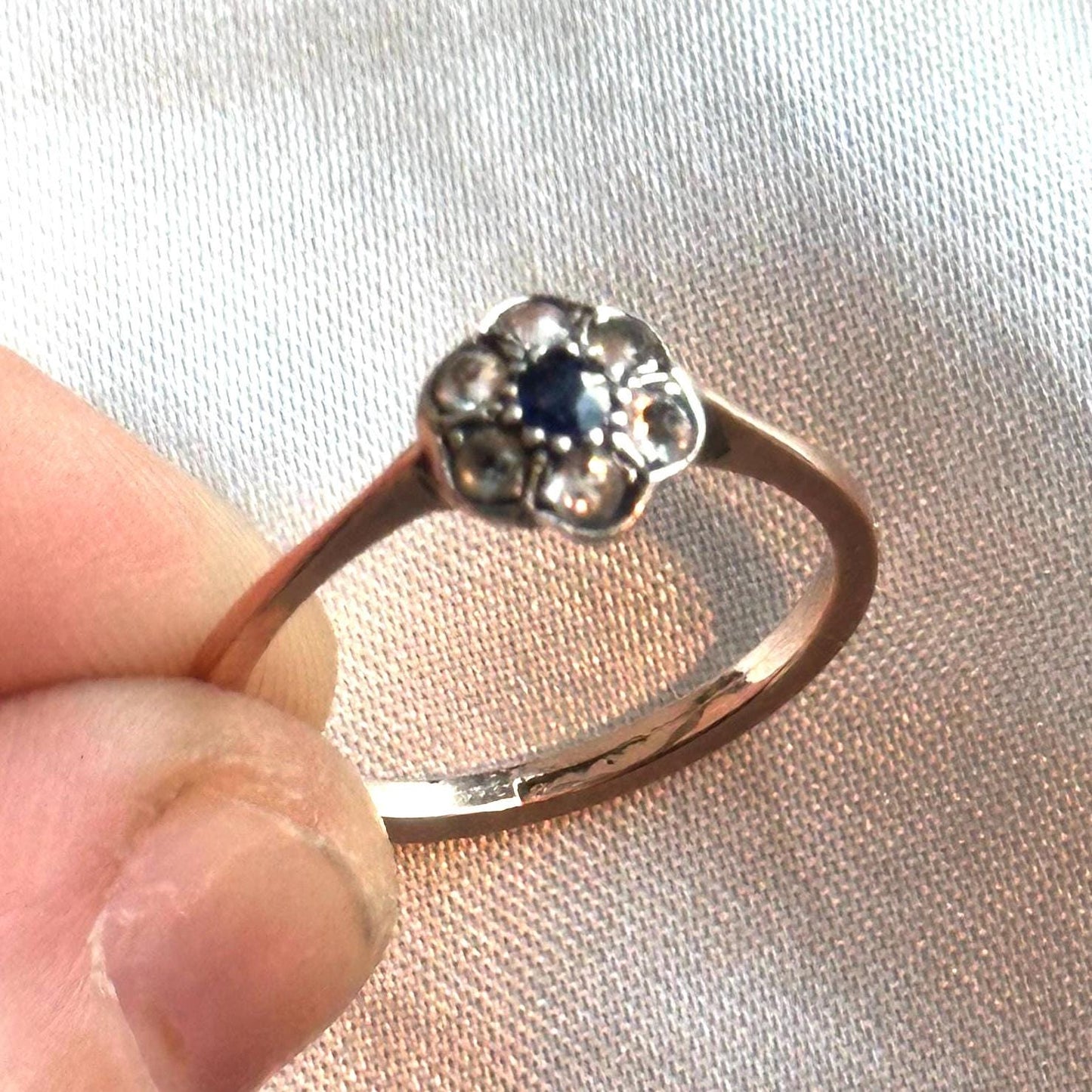 Antique Sapphire & Diamond Ring 18k 18ct Solid Gold 750 Dainty Cluster Flower Halo Gemstone Estate Rose Genuine Vintage Jewelry Jewellery