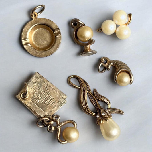 vintage gold filled and pearl charms  - collectible pendant charms for bracelet or necklace