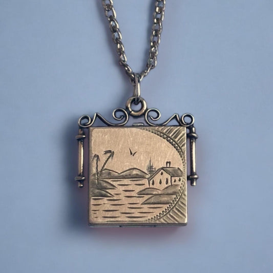 Antique victorian hand engraved island scene square locket necklace