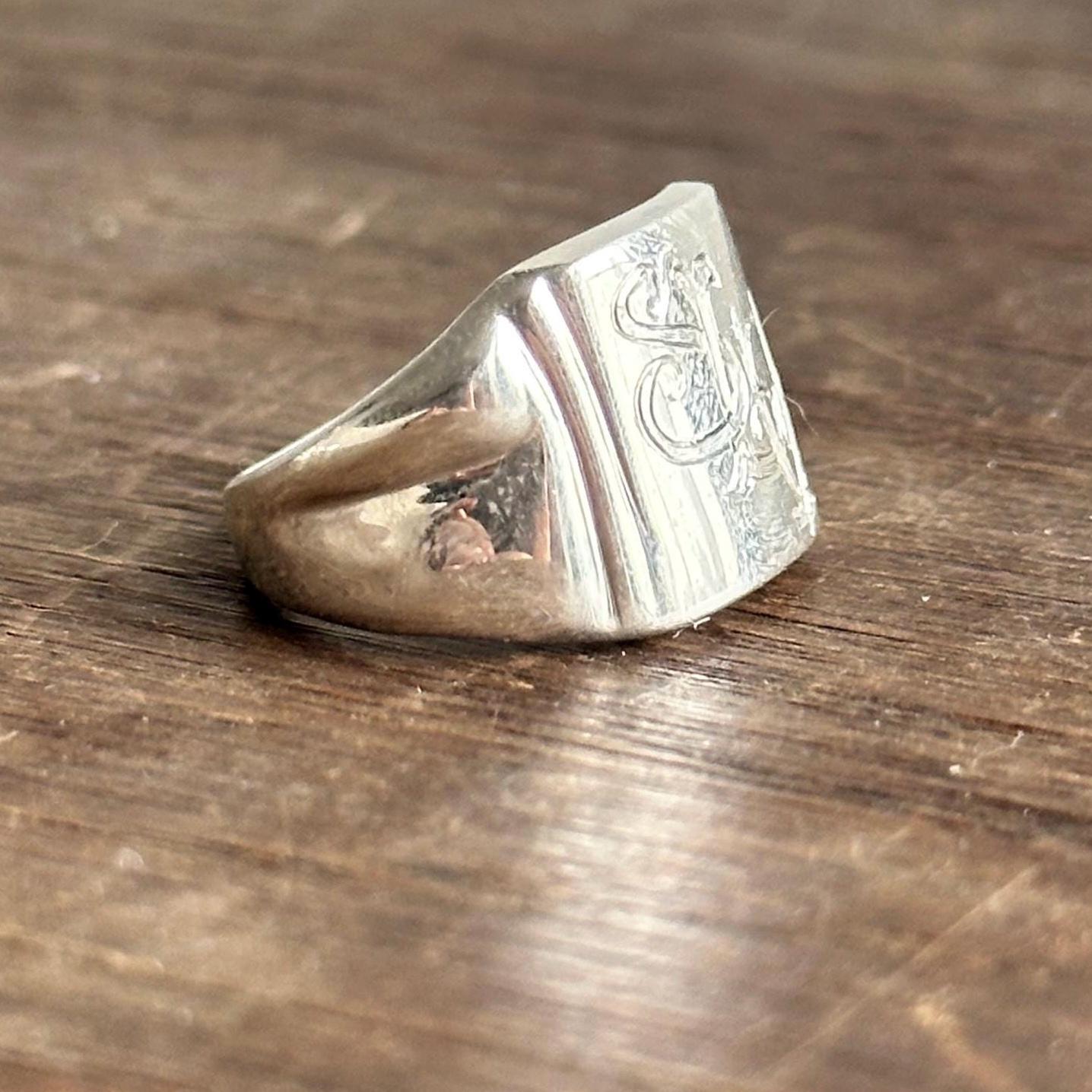 custom hand engraved signet ring - vintage sterling silver initial ring