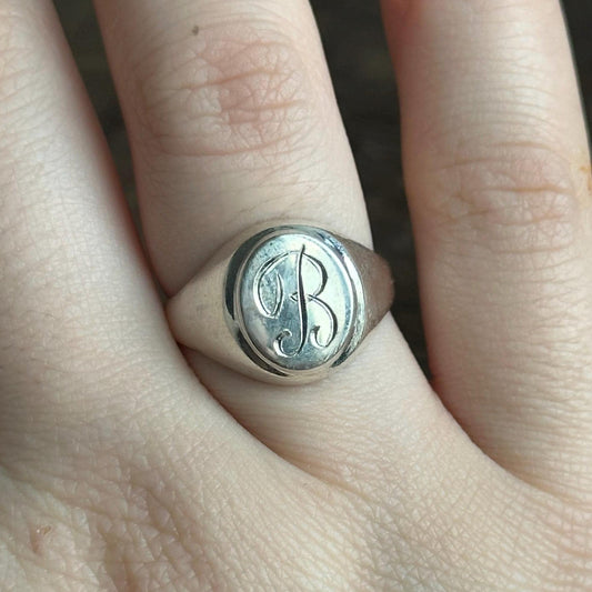 custom hand engraved signet ring - vintage sterling silver initial ring