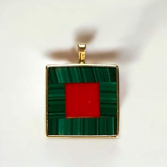 vintage malachite coral and onyx inlay 14k solid gold pendant
