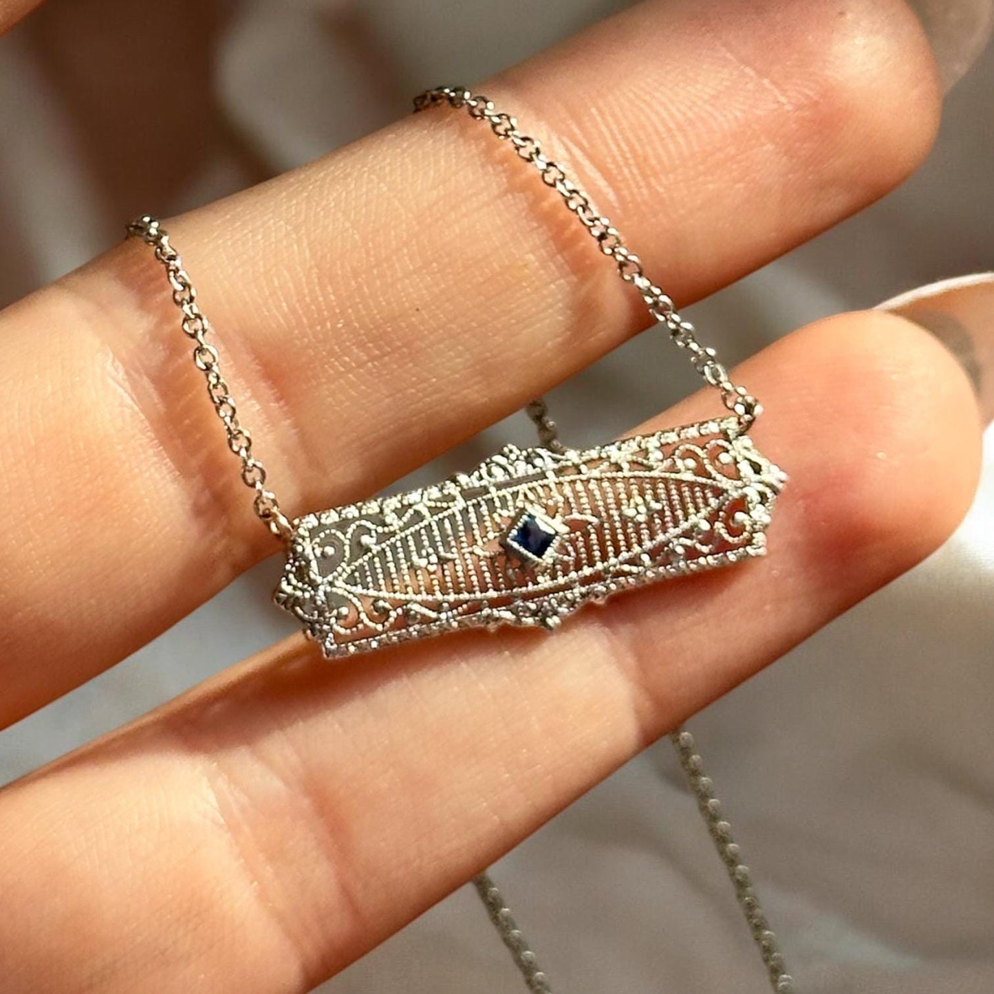 Reworked antique art deco bar pin conversion necklace - 14k white gold and sapphire necklace