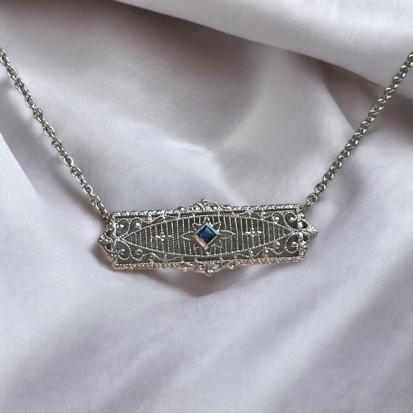Reworked antique art deco bar pin conversion necklace - 14k white gold and sapphire necklace