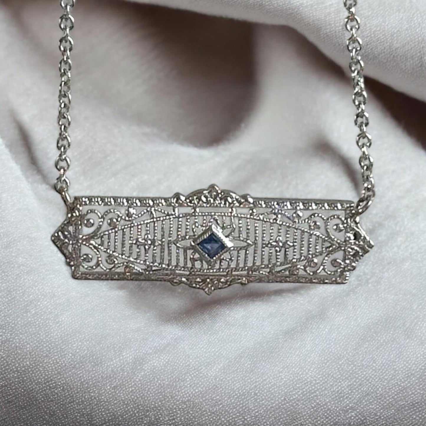 Reworked antique art deco bar pin conversion necklace - 14k white gold and sapphire necklace