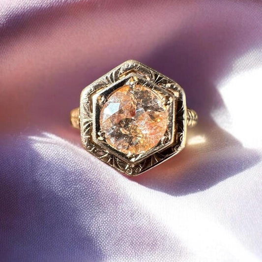 Antique Art Deco Natural Peach Colored Diamond Ring - 14k Solid Yellow Gold