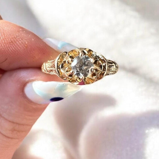 Antique Victorian buttercup ring with natural diamond - 14k yellow gold