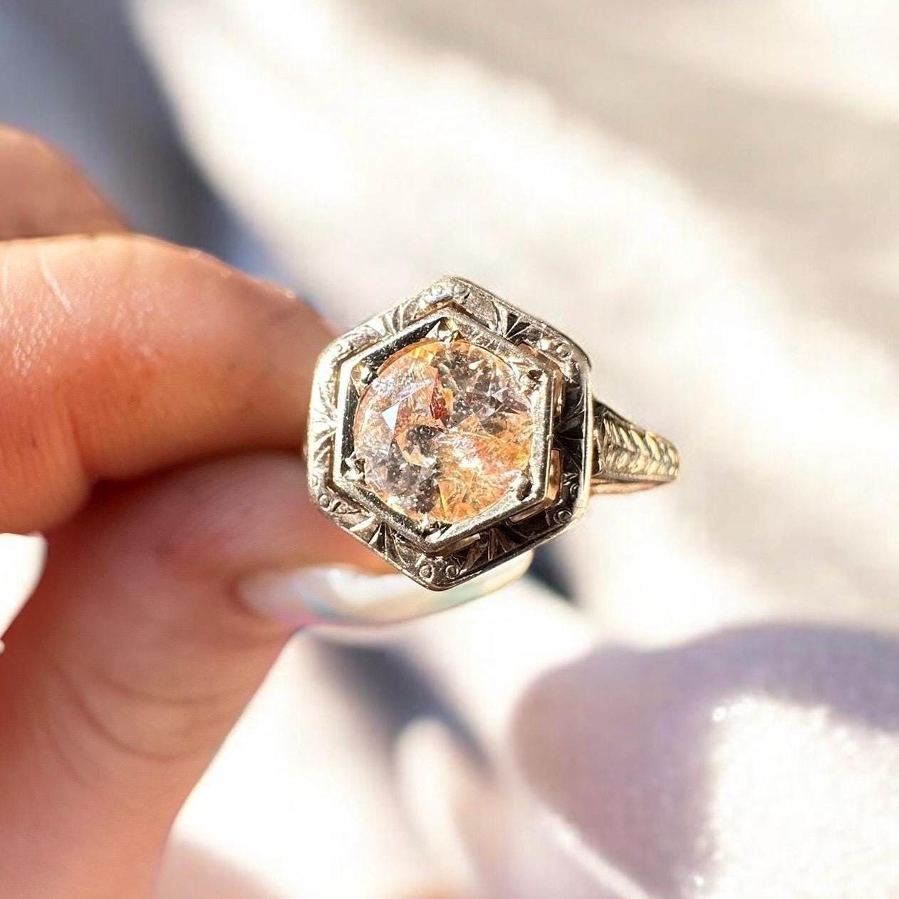 Antique Art Deco Natural Peach Colored Diamond Ring - 14k Solid Yellow Gold