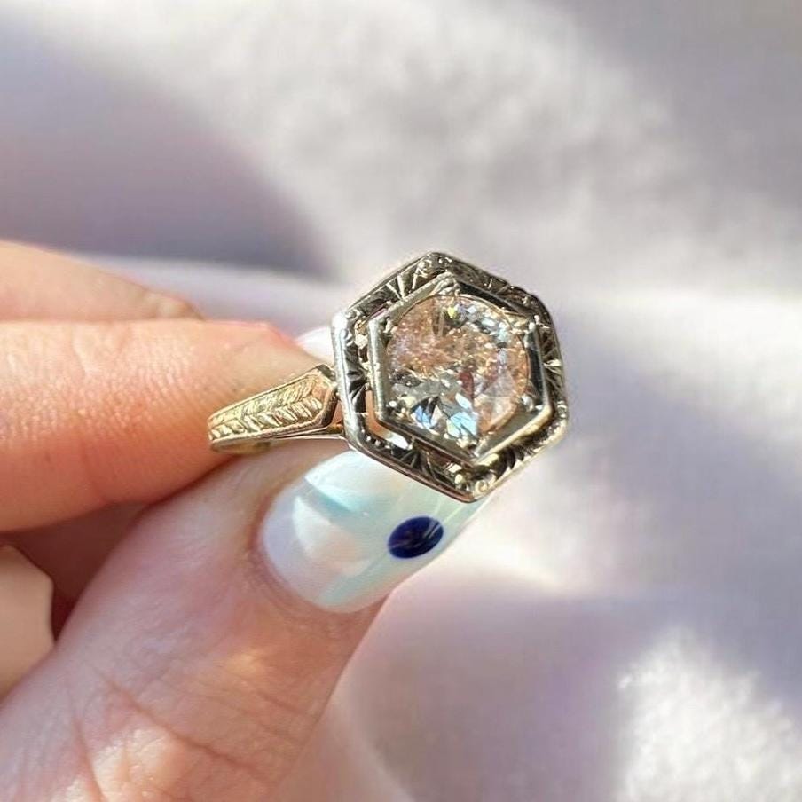 Antique Art Deco Natural Peach Colored Diamond Ring - 14k Solid Yellow Gold