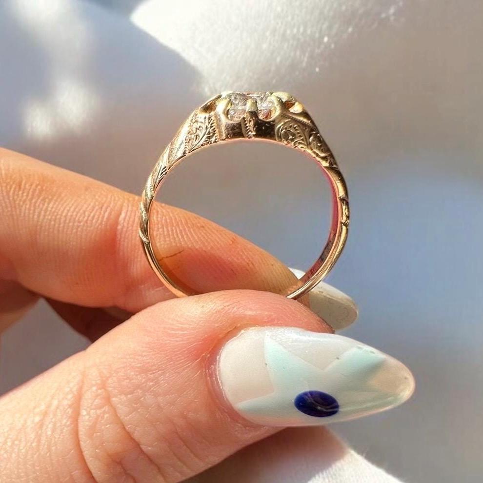 Antique Victorian buttercup ring with .85ct Natural old European cut diamond - 14k yellow gold