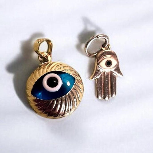 vintage solid gold evil eye charms - 14k yellow gold hamsa